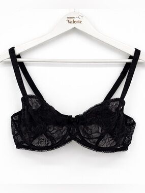 Barbara Vintage Black Lace Bra Balconette Sheer Size 36D Floral